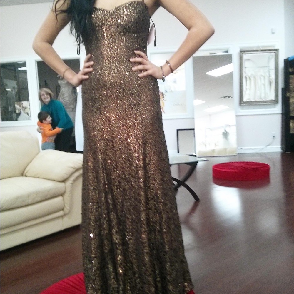 Tarik Ediz Sequined brown formal gown, floor length. Size 6 form fitted.